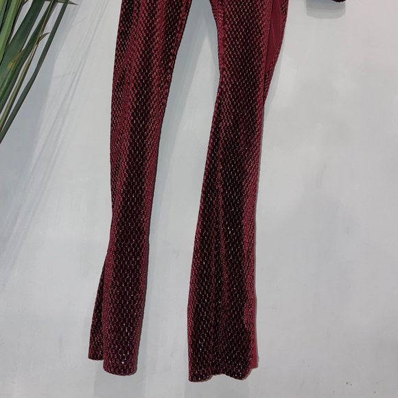 Burgundy Long Sleeve Velvet Jumpsuit - Picture 5 of 7